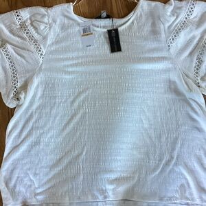 Cable & Gauge White Textured Blouse with Lace Sleeves